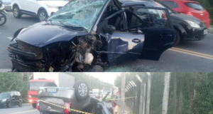 Capô de Fiesta levanta e provoca acidente grave no TarumãTrânsito maluco