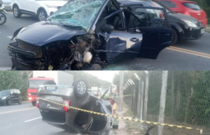 Capô de Fiesta levanta e provoca acidente grave no TarumãTrânsito maluco