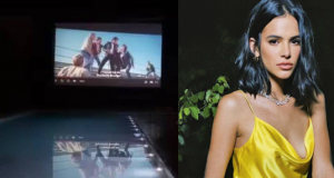 Bruna Marquezine monta cinema na beira da piscina de sua mansãoOstentando pouco