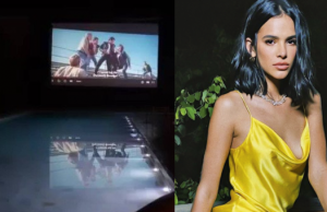 Bruna Marquezine monta cinema na beira da piscina de sua mansãoOstentando pouco