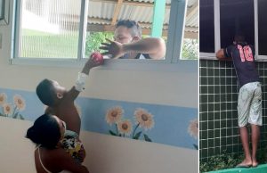 Pai passa o dia na janela do hospital brincando com filho internado por Covid no AmazonasQue cena maravilhosa