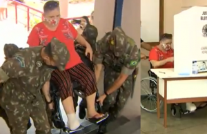 Por falta de rampa, cadeirante precisa ser carregada para votar em ManausFalta de acessibilidade