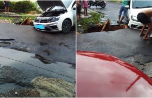 MANAUS vs TORÓ – Durante chuva, carro cai em cratera e moradores ajudam motorista
