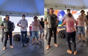 Wilson Lima toca triângulo, dança forró e dá parabéns a ManausAnimado