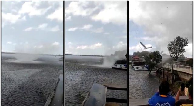 Vídeos flagram tromba d’água destruindo cidade de Nhamundá no AM