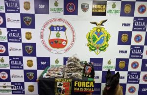 Base Arpão: com auxílio de cão policial, policiais apreendem 5 quilos de drogasA carga de entorpecentes estava escondida dentro de uma sacola Foto: Divulgação/SSP-AM