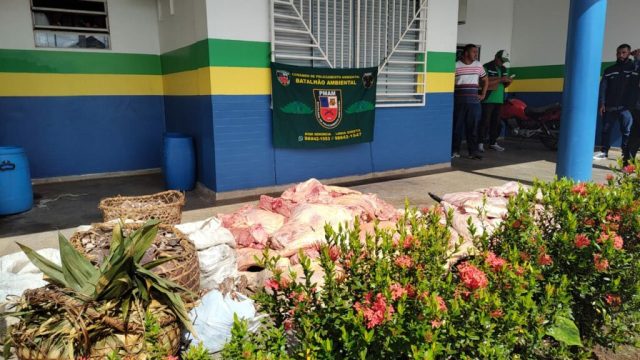 Policiais do Batalhão de Policiamento Ambiental apreendem 781 kg de carne de animais silvestre em feira em Coari