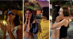 Bruna Marquezine fica emocionada ao ver um enorme painel de divulgação do filme “Besouro Azul” A atriz recebeu a surpresa dos amigos, Sasha Meneguel, João Figueiredo e Xolo Maridueña protagonista e par da atriz no longa da DC. Bruna Marquezine fica emocionada ao ver um enorme painel de divulgação do filme “Besouro Azul”
