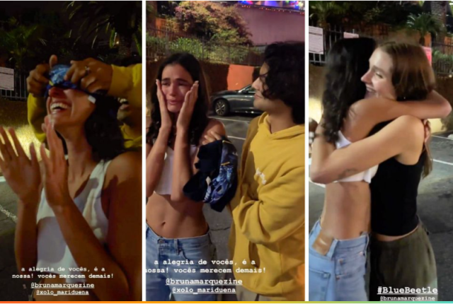 Bruna Marquezine fica emocionada ao ver um enorme painel de divulgação do filme “Besouro Azul”