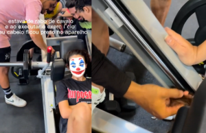 Em uma academia, jovem fica com cabelo preso em máquinaAcidente em academia alerta para importância de prender o cabelo. Em uma academia, jovem fica com cabelo preso em máquina