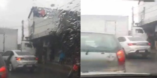 Vídeo caminhão desliza na pista molhada e atropela motocicleta em Manaus Vídeo: caminhão desliza na pista molhada e atropela motocicleta em Manaus