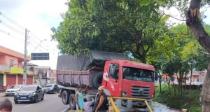 Caçamba invade canteiro central após motorista passar mal em Manaus Caçamba invade canteiro central após motorista passar mal em Manaus