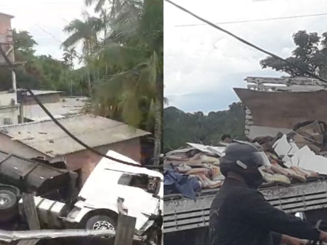 Acidente: carreta bate em caminhão e atinge casas em Manaus