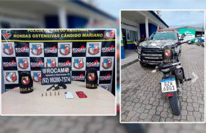 Trio é preso pela Rocam por roubo e porte ilegal de arma em Manaus Trio é preso pela Rocam por roubo e porte ilegal de arma em Manaus