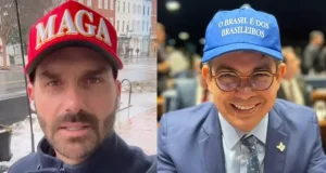 Eduardo Bolsonaro e Randolfe Rodrigues trocam farpas sobre ‘bonés à la Trump’ Eduardo Bolsonaro